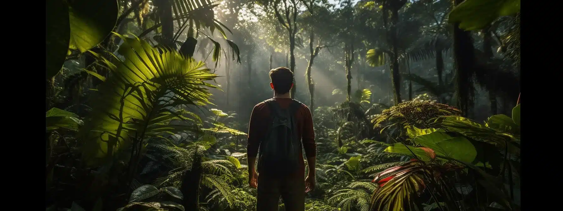 A Person Standing In The Amazon Rainforest, Surrounded By Lush Foliage And Listening To The Sounds Of Nature.
