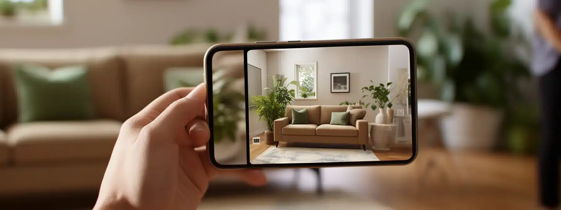 A Person Using A Smartphone To View And Interact With Virtual Objects That Appear In Their Living Room.
