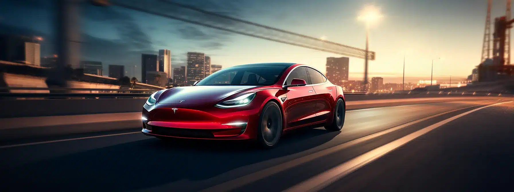 A Cherry Red Tesla Zipping Past, Showcasing Its Commitment To Sustainable Technology.