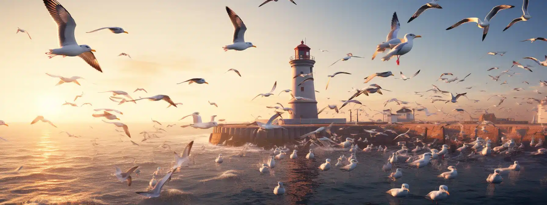 A Flock Of Carrier Pigeons Flying Over A Sea Of Competitors Towards A Lighthouse.