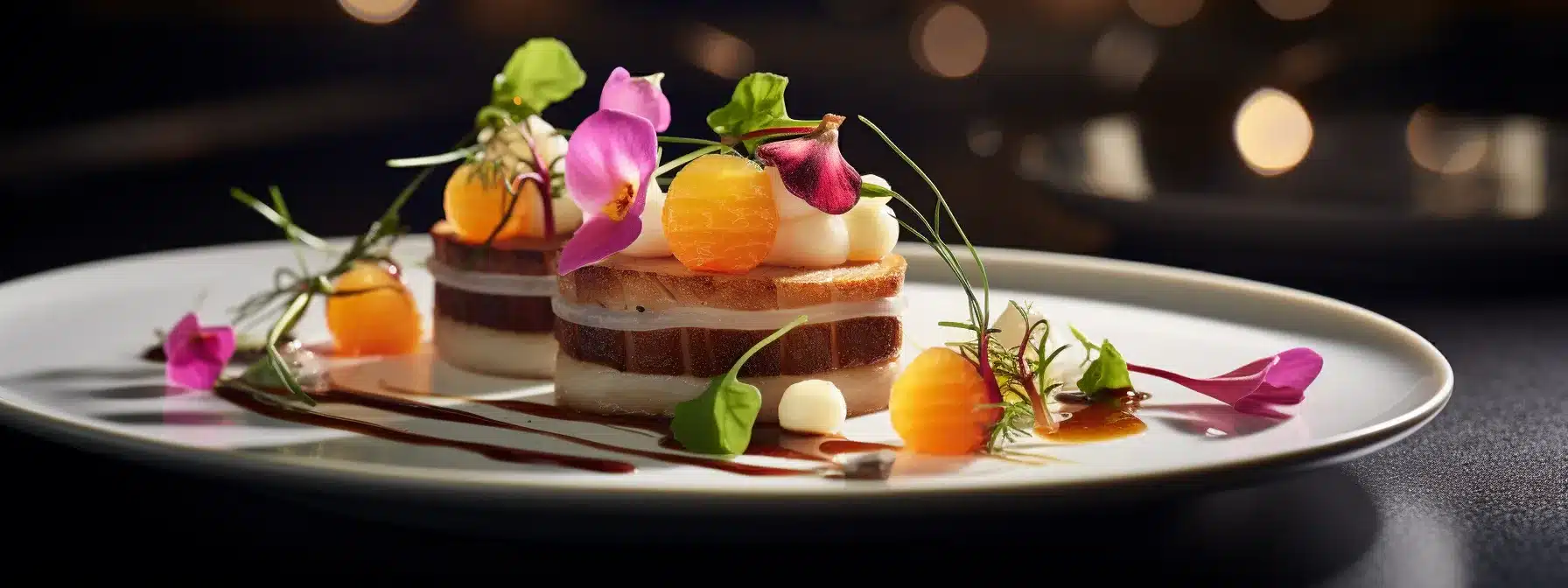 A Beautifully Plated Dish With Various Ingredients And Garnishes Arranged Elegantly.