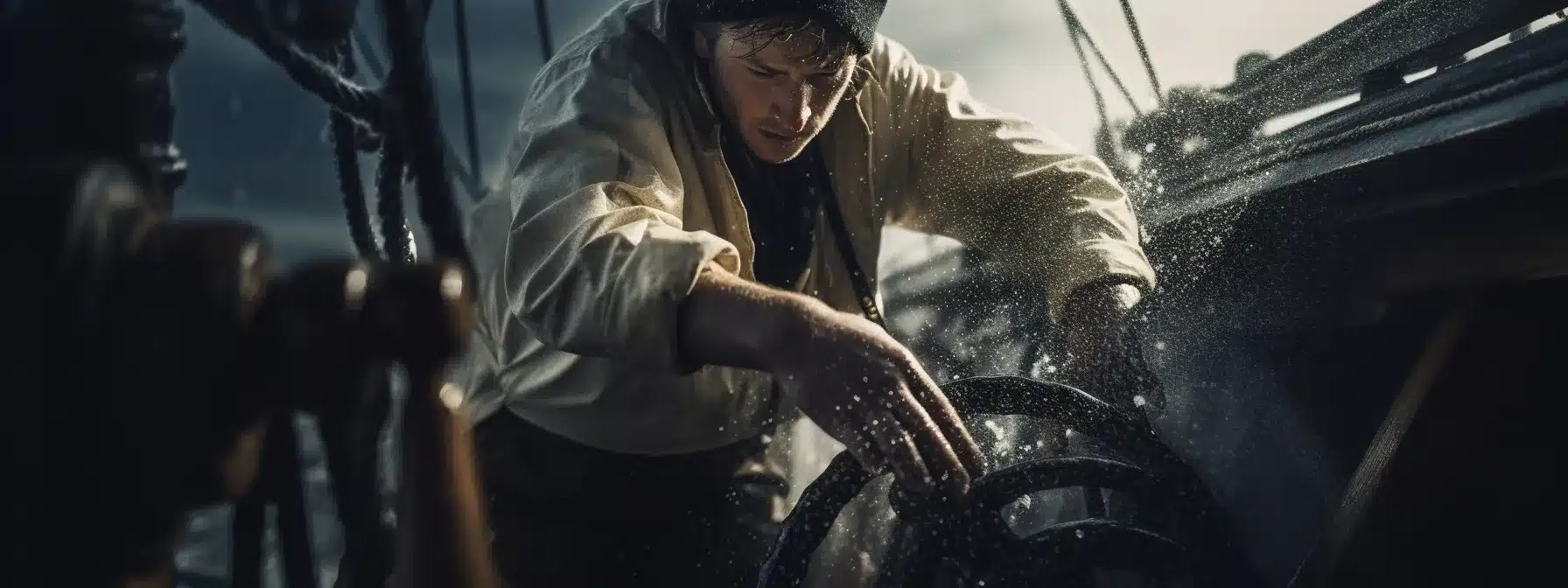 A Sailor Adjusting The Ship'S Wheel In Stormy Waters.