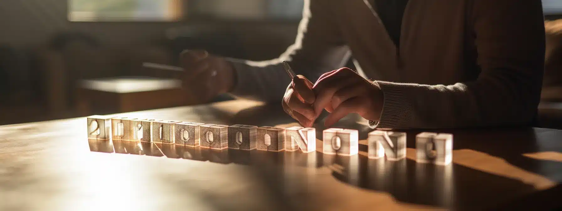 A Person Carefully Weaving Words Together To Create A Brand Message, With A Beam Of Light Shining On The Words.