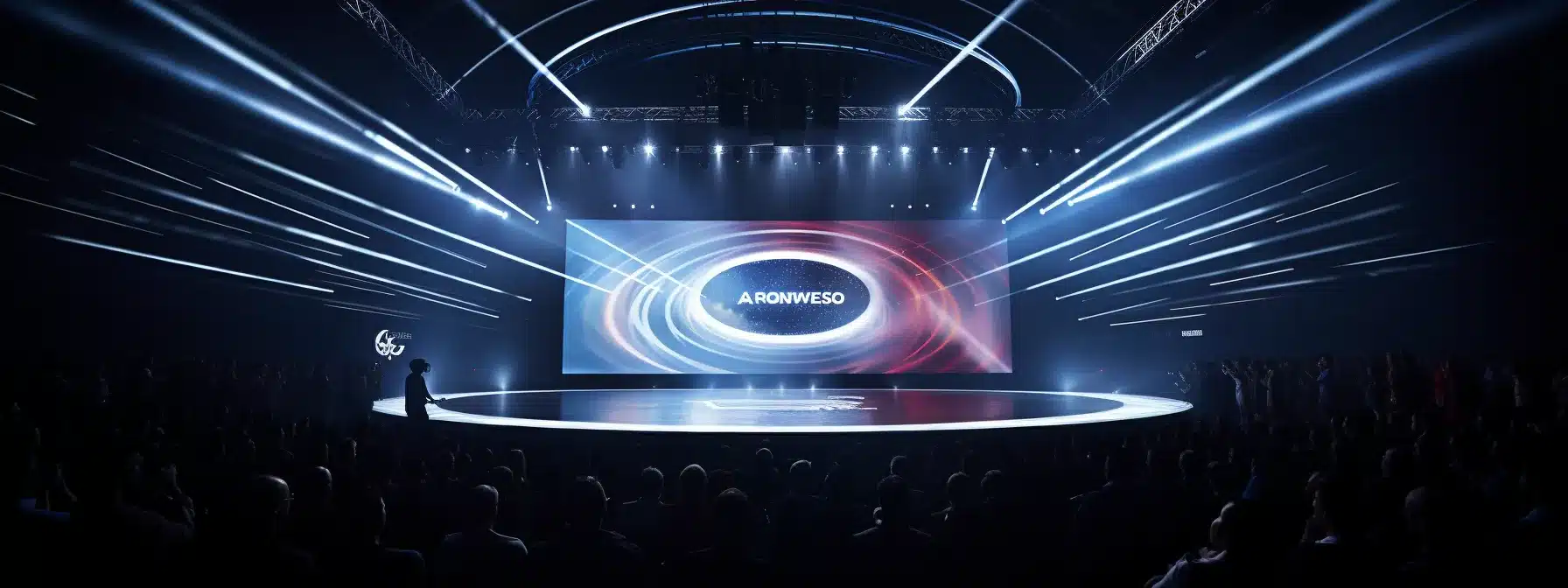 A Brand Logo Illuminated On A Stage With A Spotlight, Capturing The Attention Of A Mesmerized Audience.