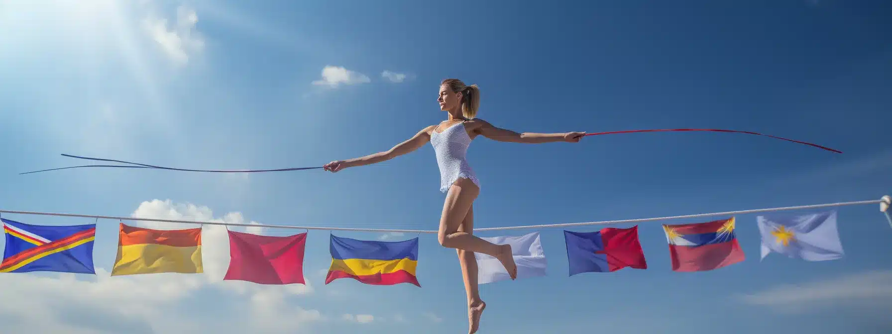 A Ballet Dancer Gracefully Balancing On A Tightrope Between Two Flags Representing Global Unity And Regional Uniqueness.