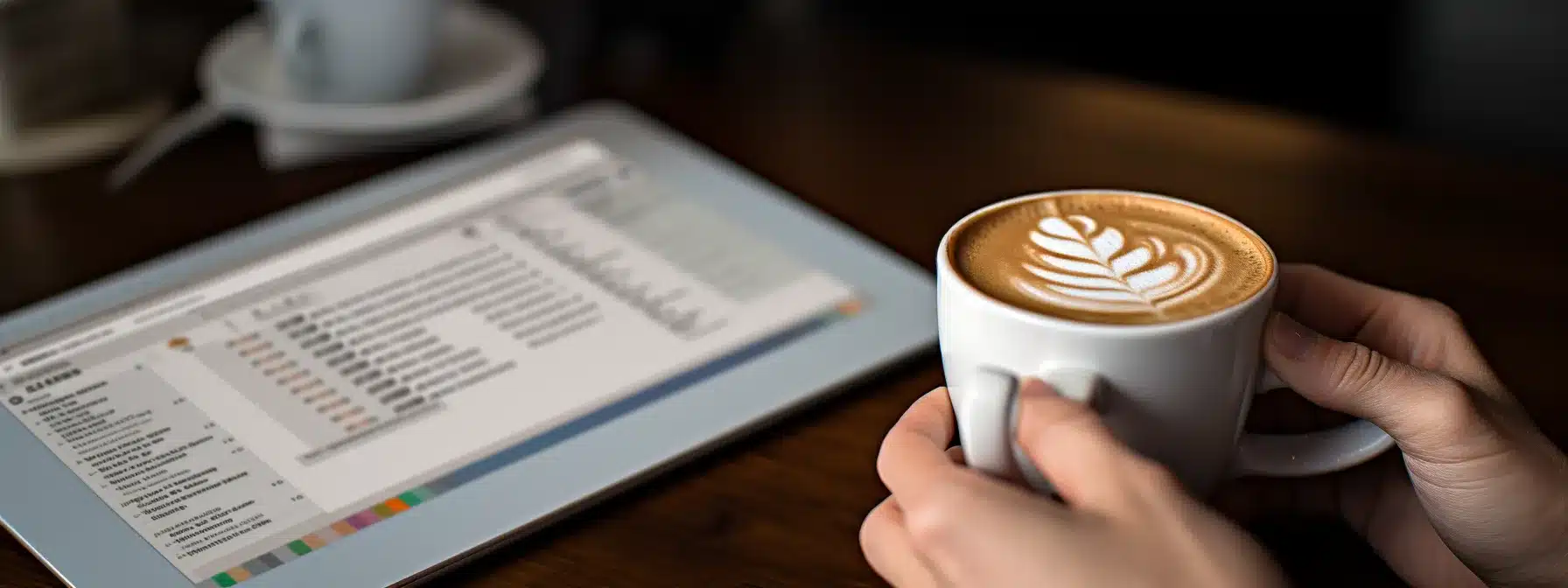 A Person Holding A Cup Of Cappuccino With A Social Media Feed And Swot Analysis Charts In The Background.