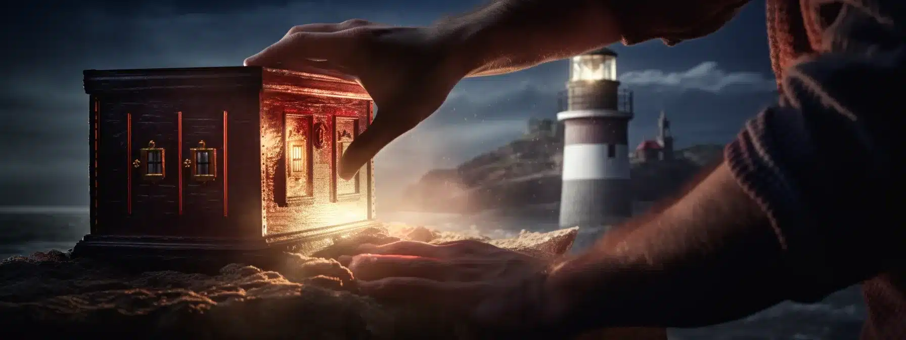 A Hand Opening A Treasure Chest Revealing A Glowing Lighthouse And A Brand Strength Score.