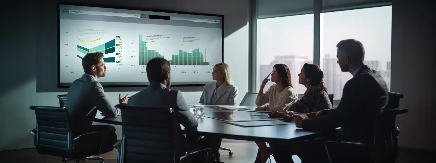 A Group Of Executives Discuss Branding Strategies In A Modern Conference Room With Charts And Graphs Projected On The Screen.