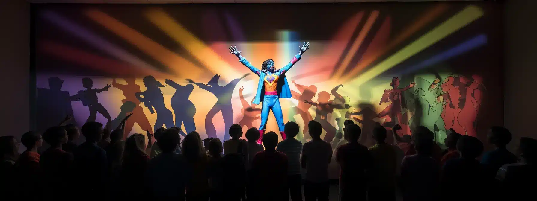A Person Dressed As A Superhero And Surrounded By Colorful Shadow Puppets Projected On A Wall, Engaging With An Audience.