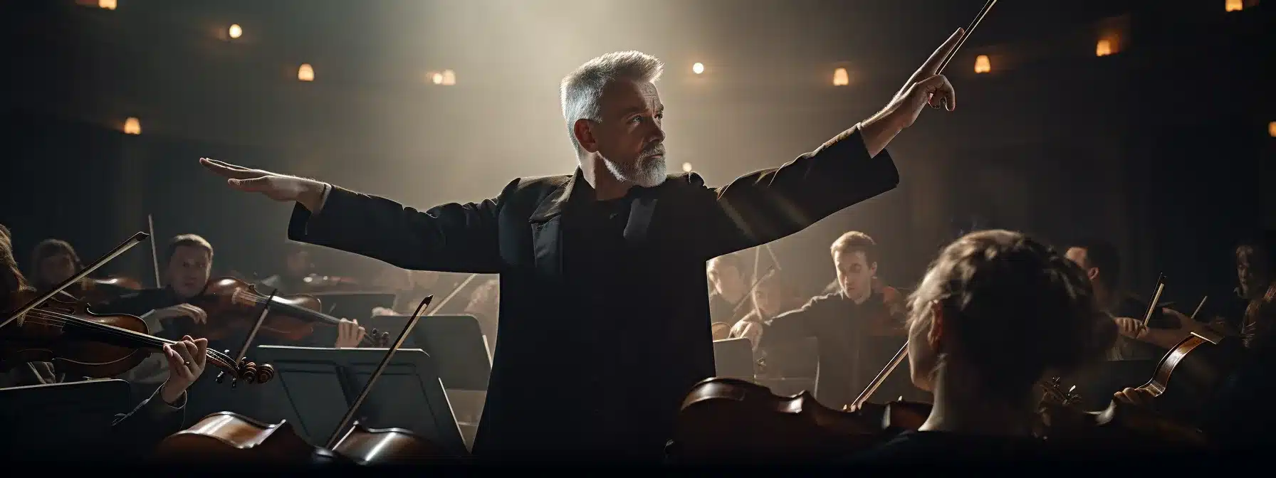 A Conductor Leading A Symphony Orchestra, Communicating Through The Baton.