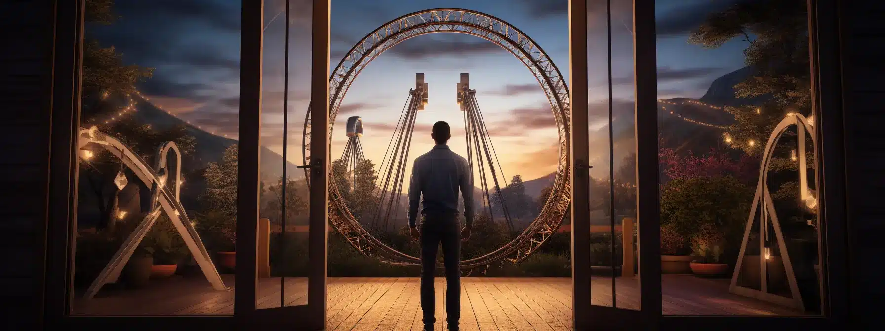 A Person Standing In Front Of An Open Doorway With A Welcome Mat, While A Rollercoaster Runs Through The Doorway Symbolizing The Risks And Challenges Of The Web.