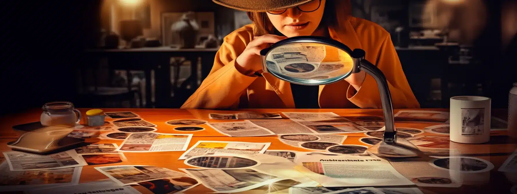 A Person Wearing A Spy Disguise Looking Through A Magnifying Glass At A Board With Pictures And Information About Competitors.