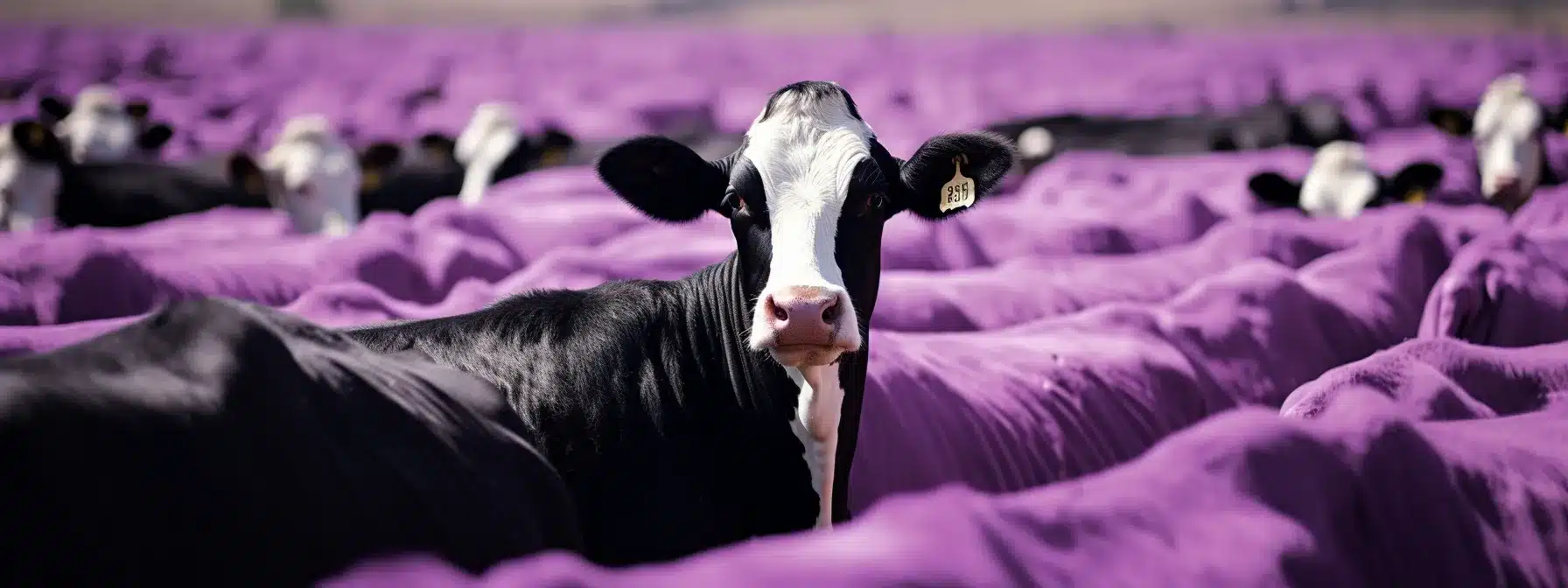 A Vibrant Purple Cow Standing Out Among A Sea Of Plain Black And White Cows.