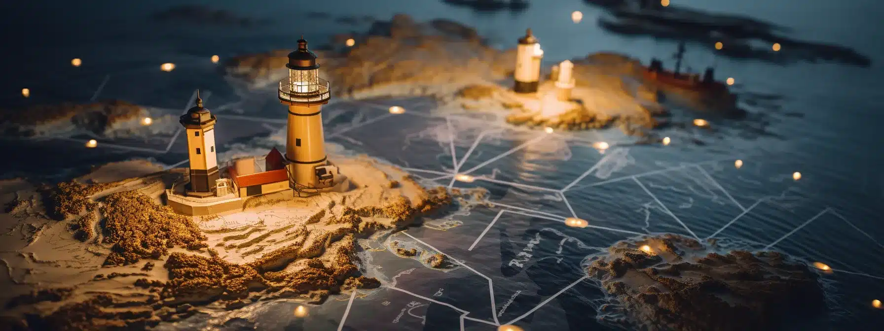 A Treasure Map Surrounded By Lighthouses And Waves.