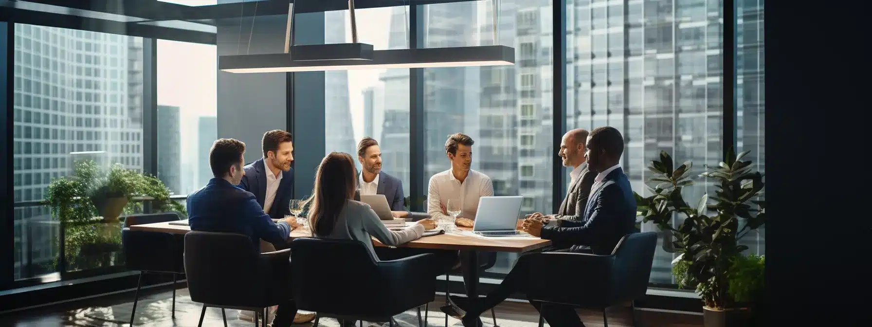 A Group Of Executives Discussing Brand Safety Strategies In A Sleek Modern Office Space.