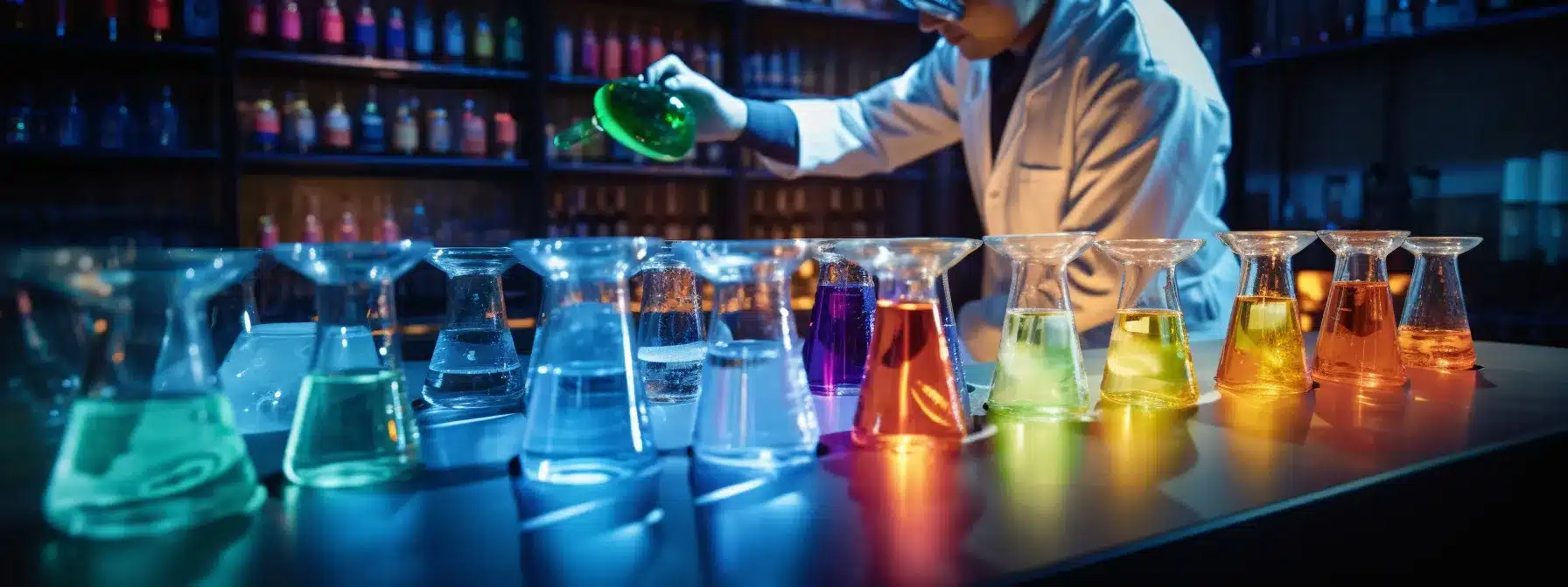 A Person In A Lab Coat Pouring Colorful Liquid From Beakers Into A Larger Container, With Symbols Of Innovation And Market Growth On The Walls.