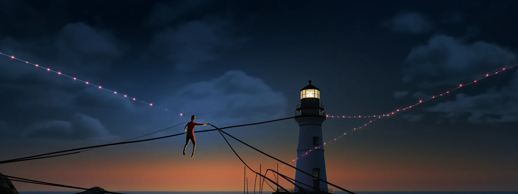 A Tightrope Walker Performing On A Virtual Web Tightrope, With A Circus-Like Atmosphere Surrounding Them And A Lighthouse In The Background.