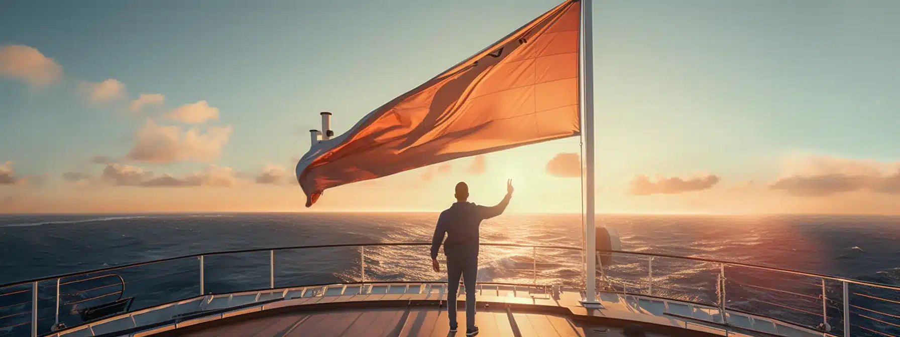 A Person Standing On A Ship'S Deck, Holding A Digital Marketing Flag, While Sailing Through A Vibrant Digital Landscape.