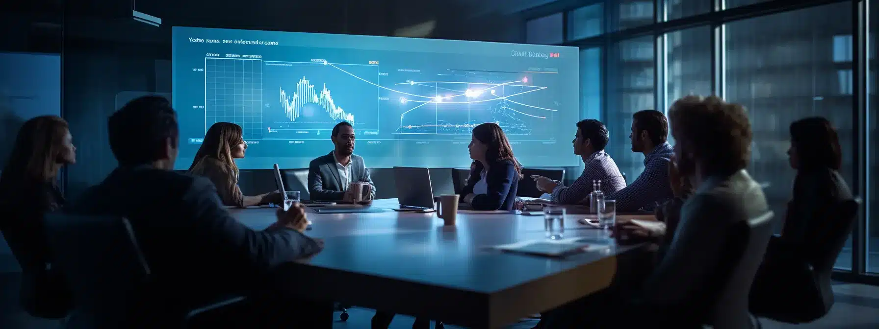 A Group Of Executives Discussing Strategies In A Boardroom, With A Projection Of The Company'S Logo And Charts On A Screen Behind Them.
