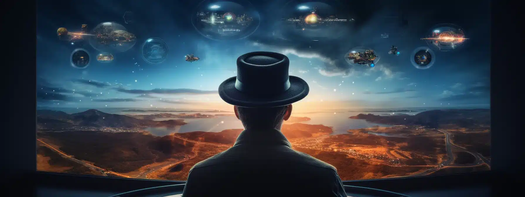 A Person Wearing A Captain'S Hat Looking Through A Spyglass Towards A Futuristic Landscape With Ai Symbols And Icons Floating In The Air.