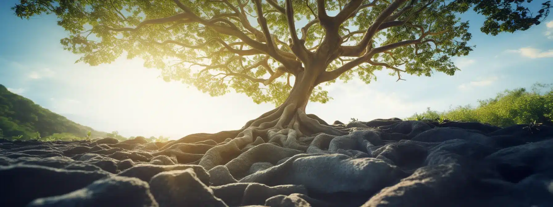 A Thriving Tree With Strong Roots And Blooming Branches, Representing The Correlation Between A Strong Corporate Culture And Successful Branding Strategies.