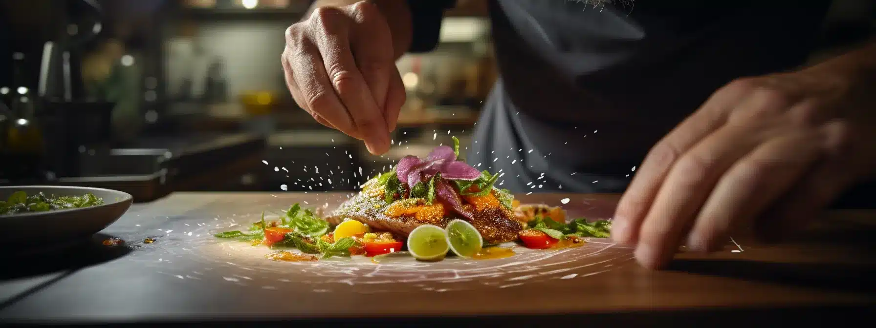 A Chef Adding A Secret Spice To A Dish On A Restaurant Menu.