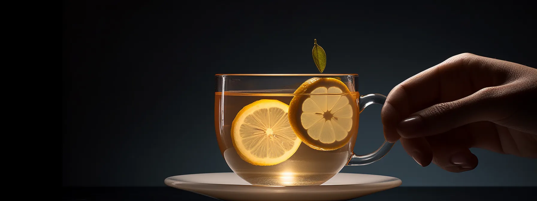 A Person Holding A Cup Of Tea With A Slice Of Citrus Floating In It.