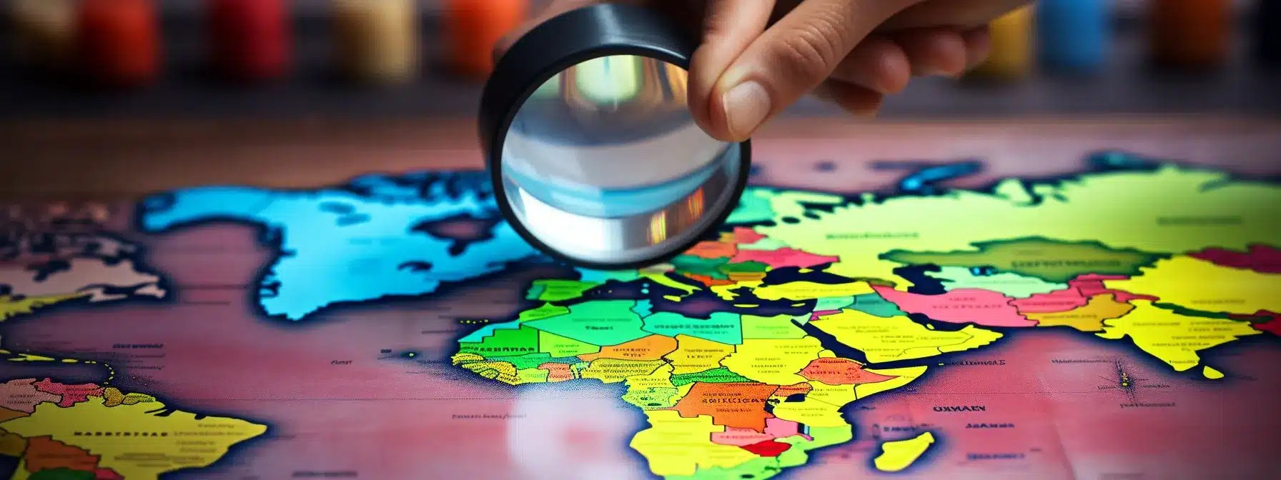 A Person Holding A Magnifying Glass Over A Map With Colorful Spray Can Markings.