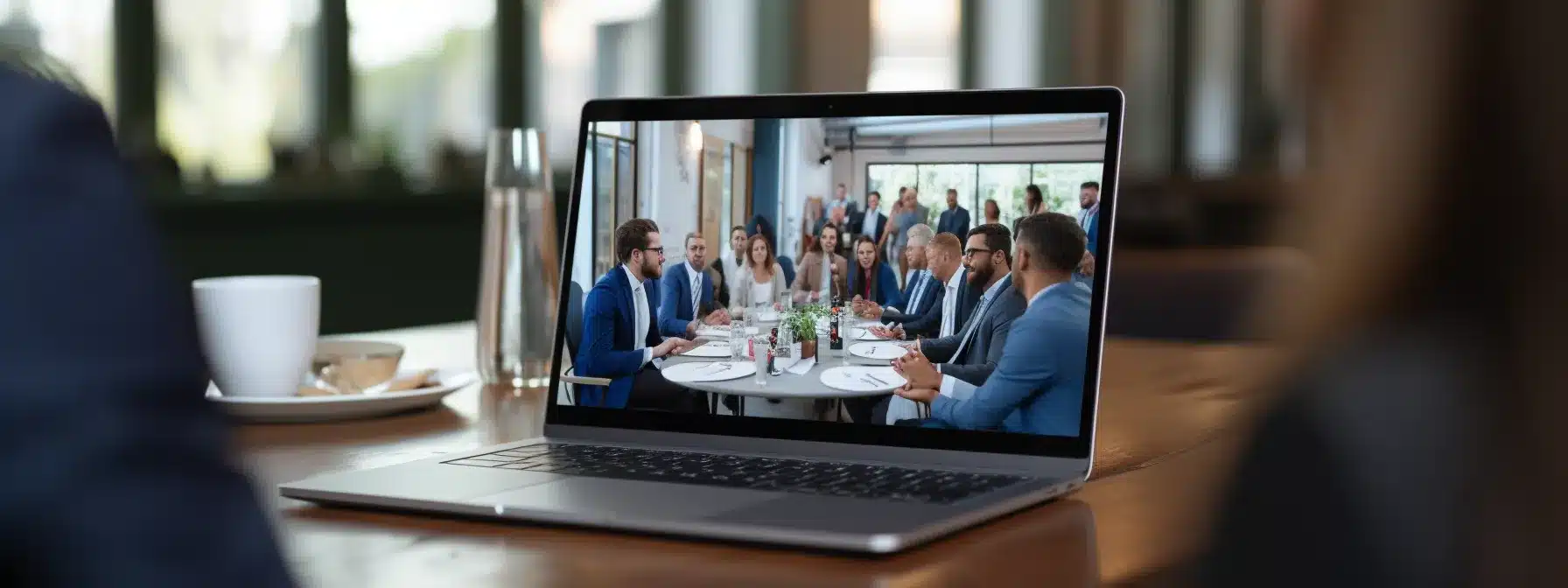 A Laptop With A Well-Designed Website Displayed On Its Screen, Surrounded By A Group Of Businessmen Discussing Marketing Strategies.