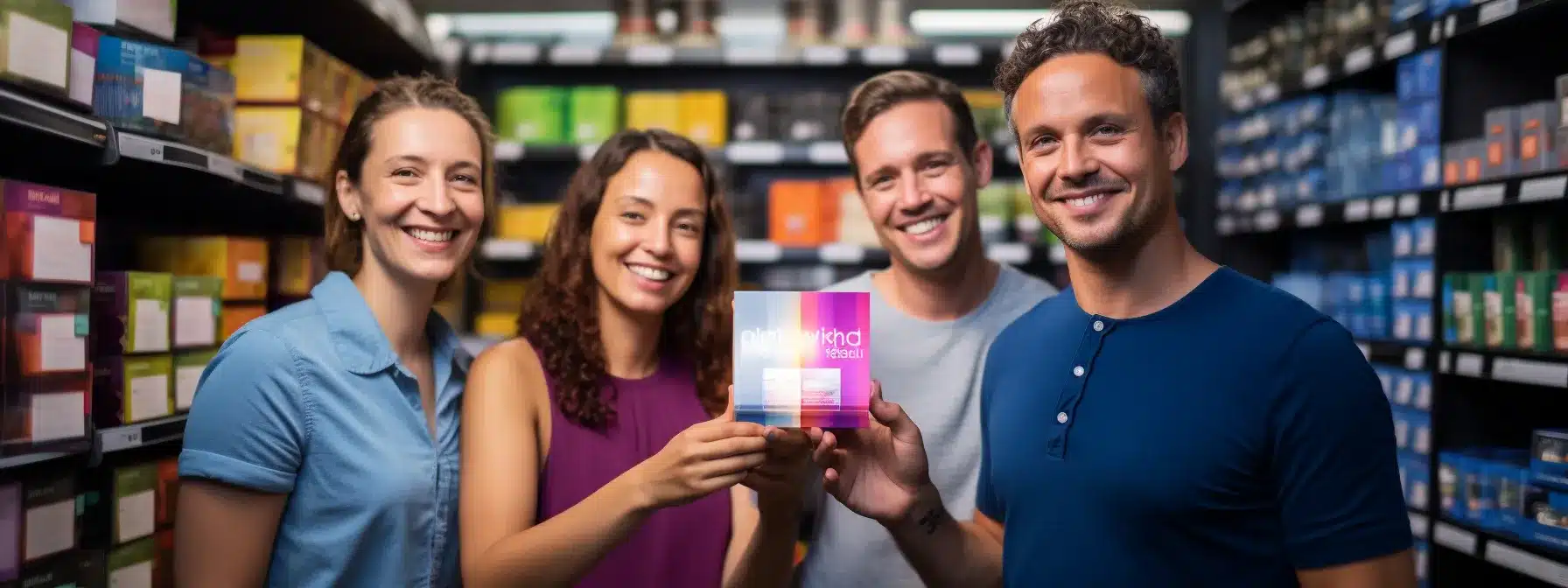 A Group Of Consumers Holding Up A Package Design With A Logo And Vibrant Color Palette On A Shelf.