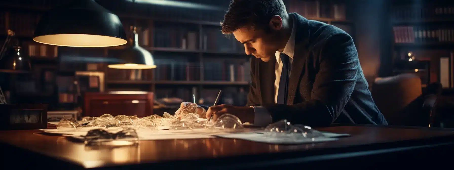 A Detective Examining A Case File With Magnifying Glass On A Desk Filled With Files And Papers.