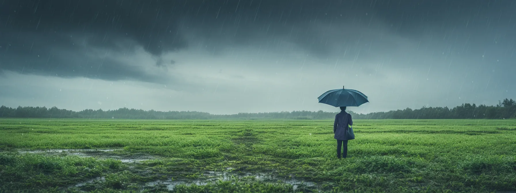 A Person Holding An Umbrella Under A Rainstorm, Surrounded By A Field, Symbolizing The Continuous Improvement And Evolution Of Branding Strategy.