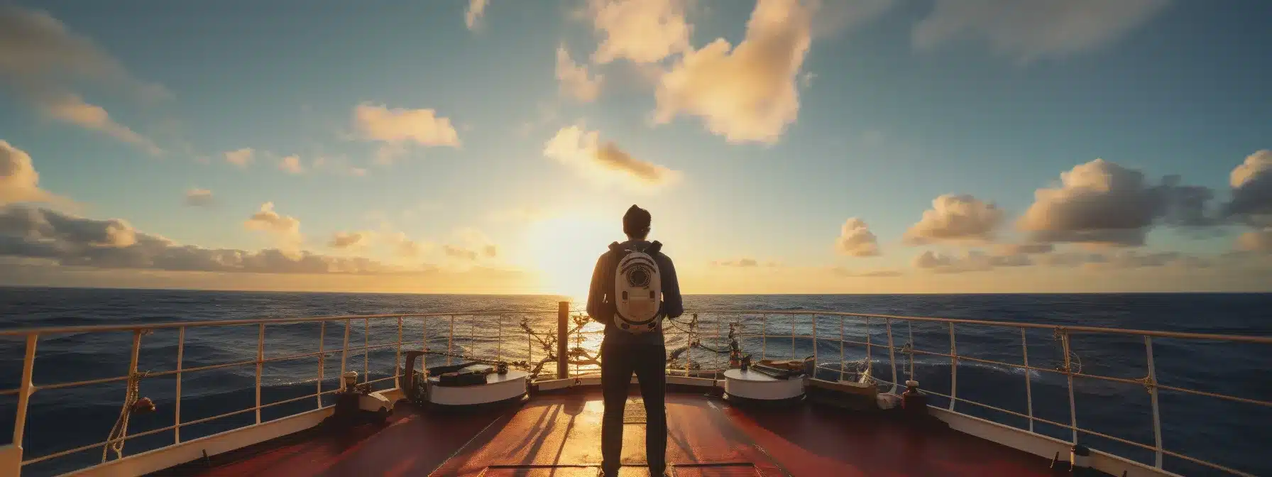 A Person Standing On The Bow Of A Ship, Holding A Compass And Looking Toward A Distant Horizon.