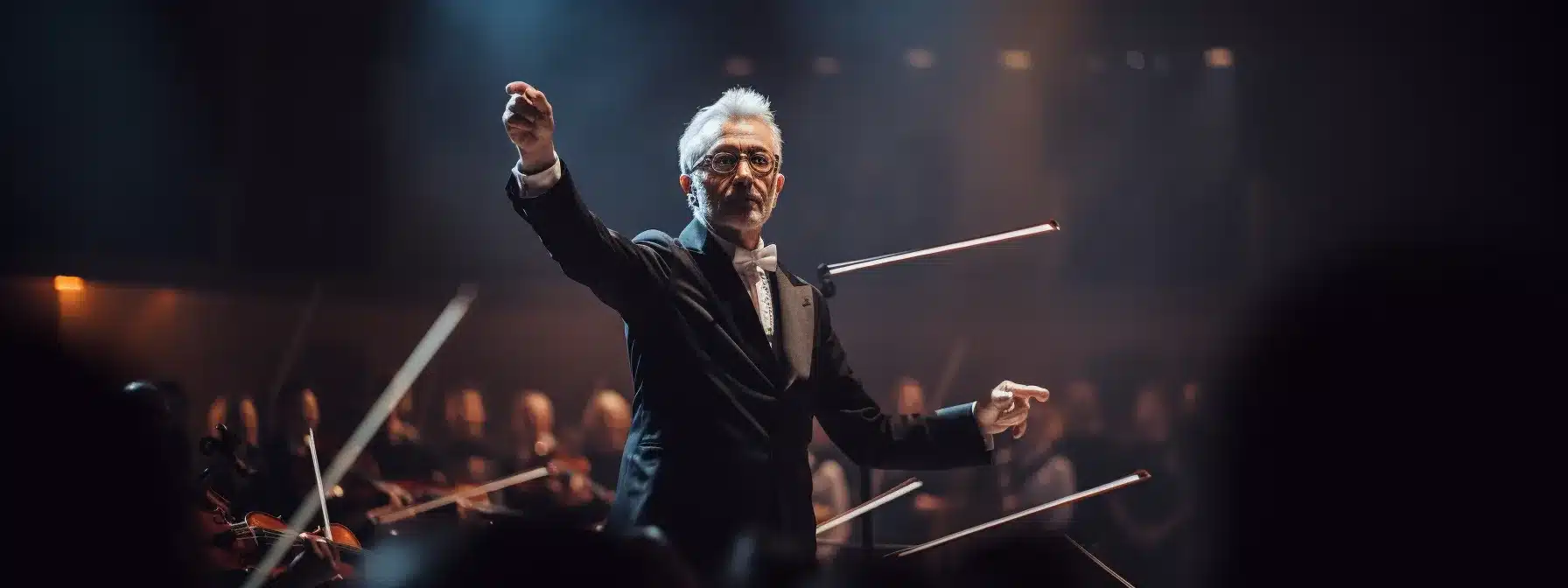 A Conductor With A Baton Leading A Symphony Orchestra.
