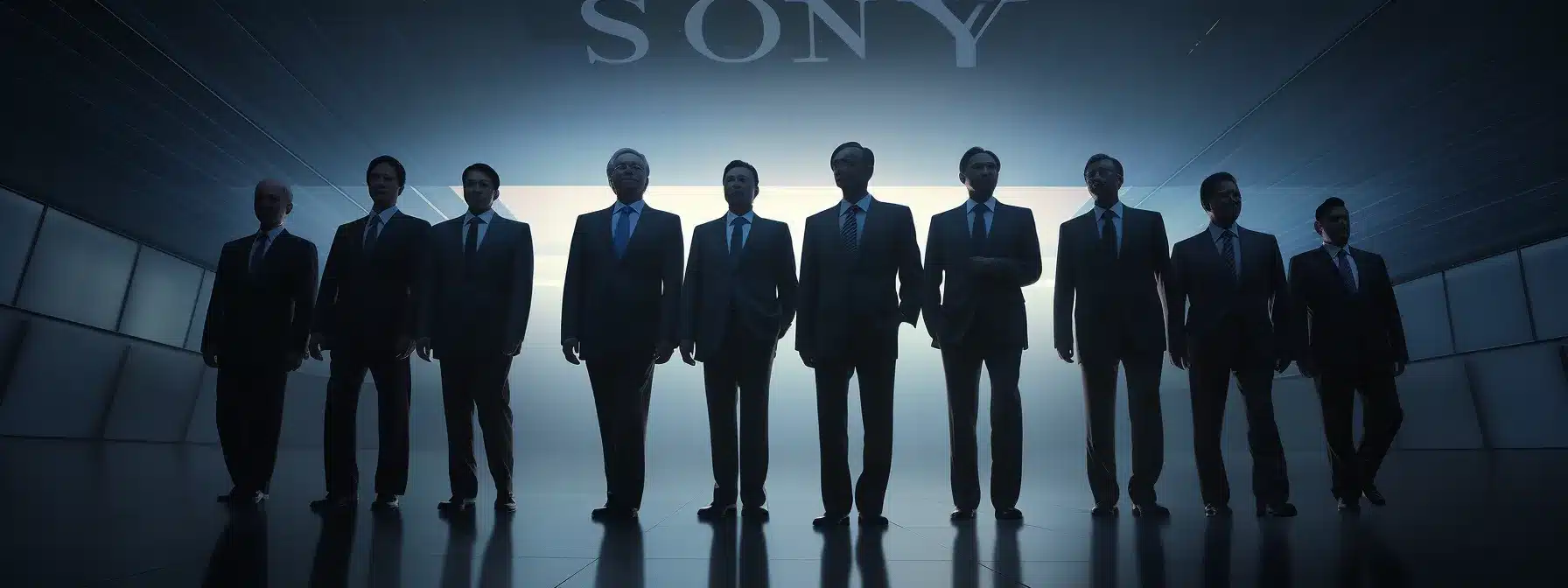 A Group Of Executives Dressed In Business Attire Standing Confidently In Front Of A Large Corporate Logo.