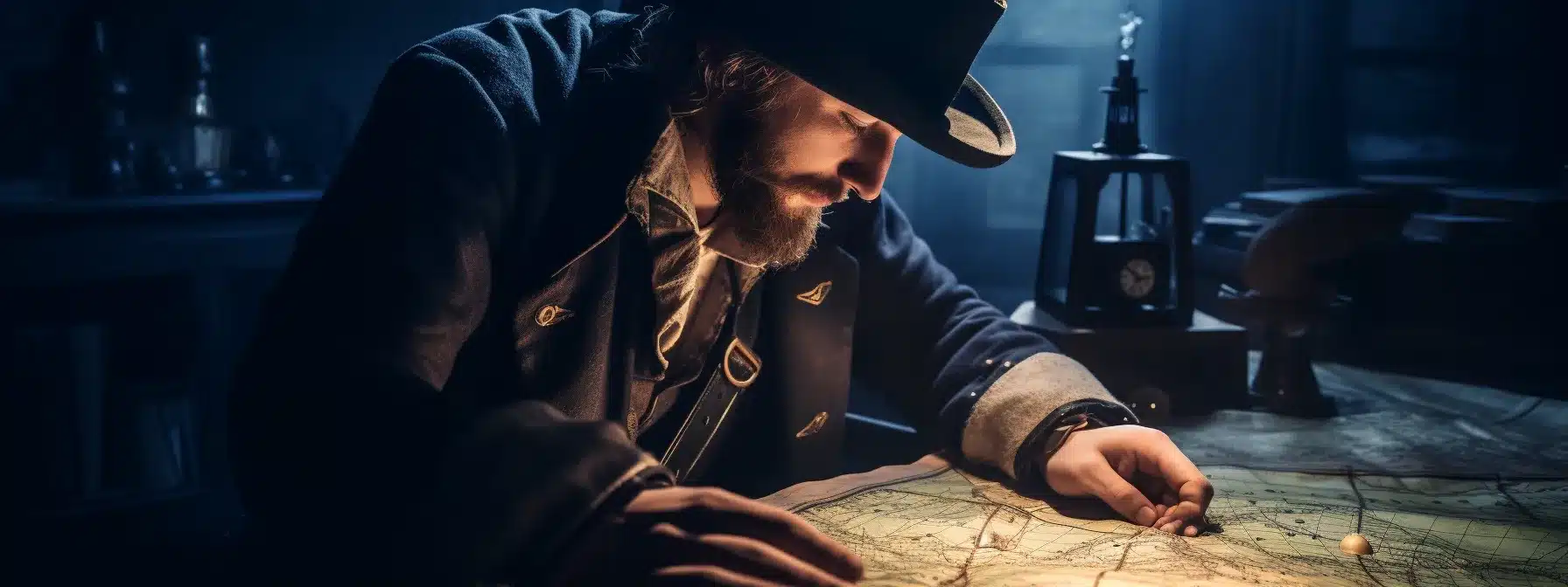 A Person Wearing A Captain'S Hat, Holding A Compass And Overlooking A Map With A Route Marked And A Sailing Ship Navigating Rough Waters.