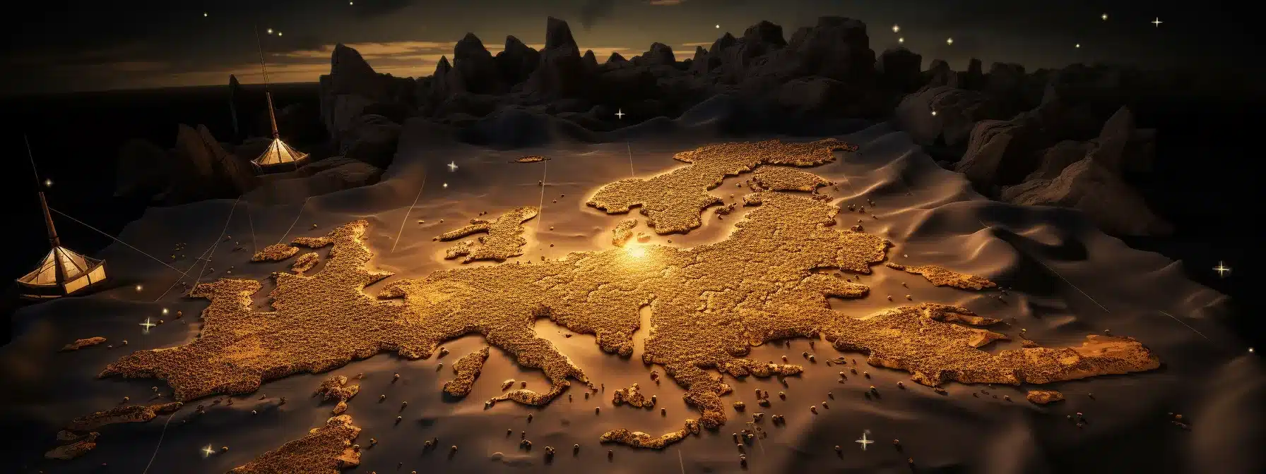 A Golden Treasure Map Unfurls Against A Star-Filled Sky.