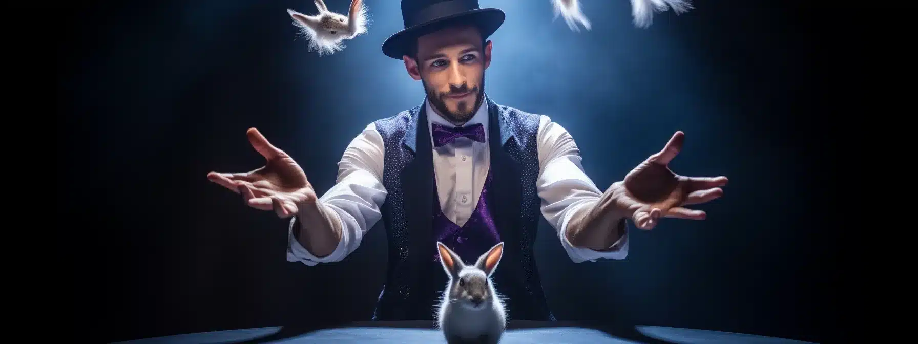 A Magician Performing A Mesmerizing Trick With A Rabbit Bursting Out Of A Hat.