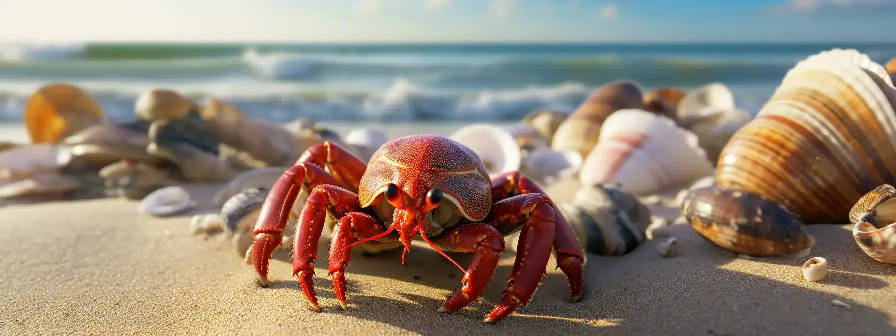 A Hermit Crab On A Beach With Various Shells To Choose From.
