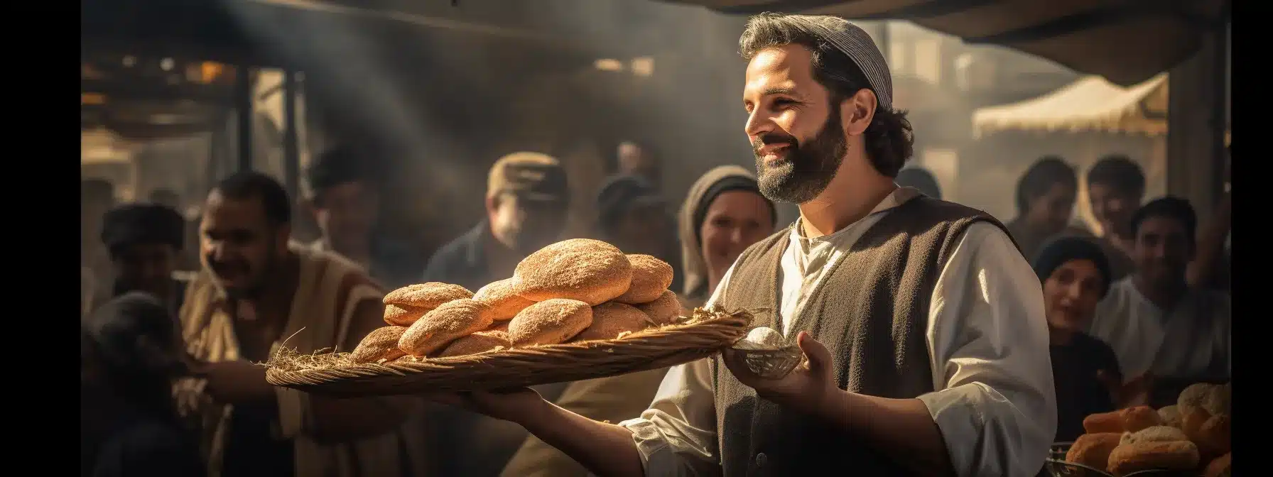 A Chef Serving A Hot Loaf Of Bread With Garnishments To A Bustling Crowd At A Bazaar.