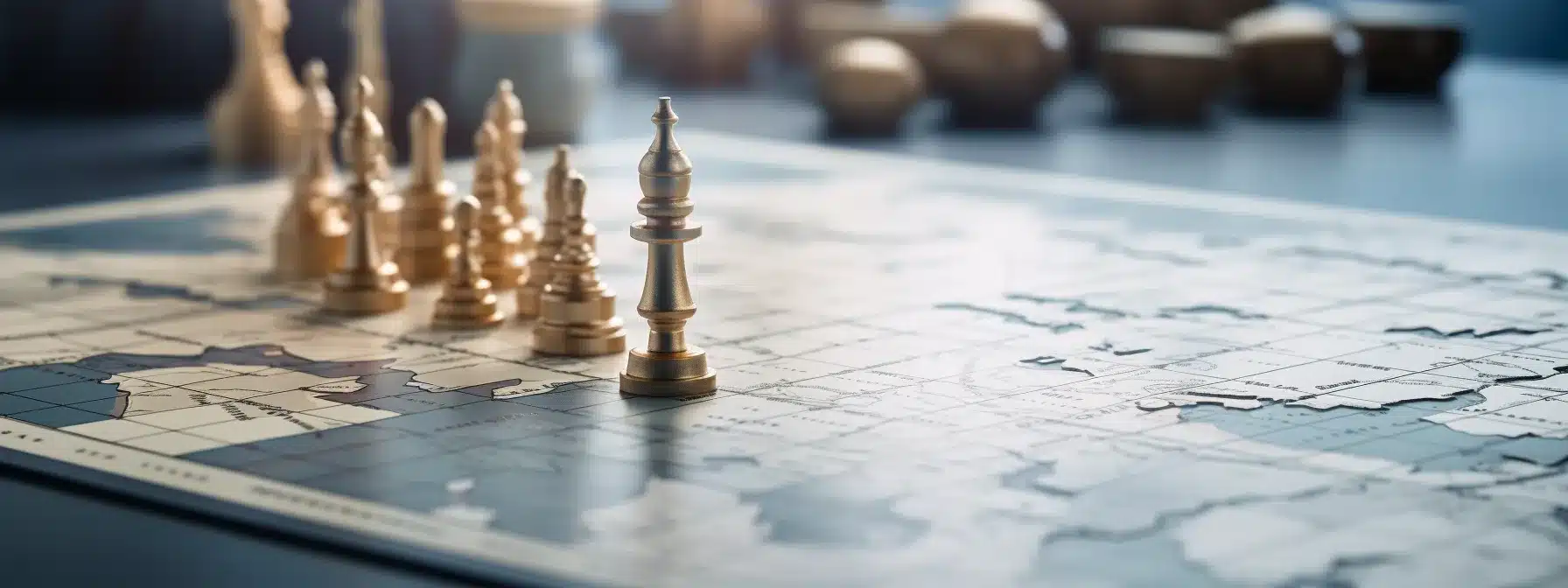 A Person Strategizing A Brand Positioning Plan With A Map, Chessboard, And Microphone In Front Of Them.