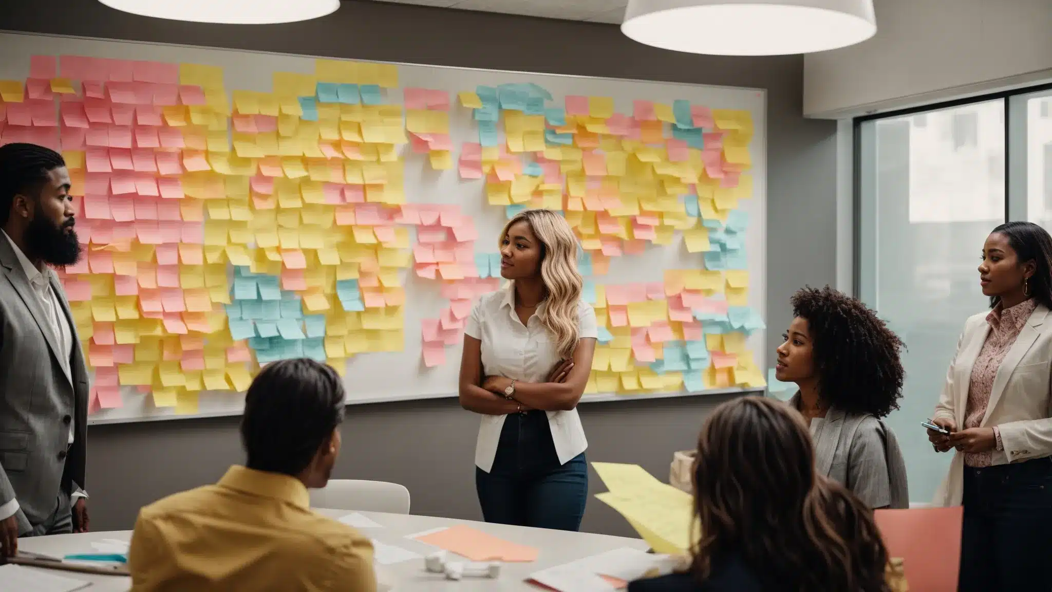 A Brainstorming Session With Diverse Professionals Clustered Around A Whiteboard Filled With Colorful Sticky Notes, Highlighting Brand Concepts.