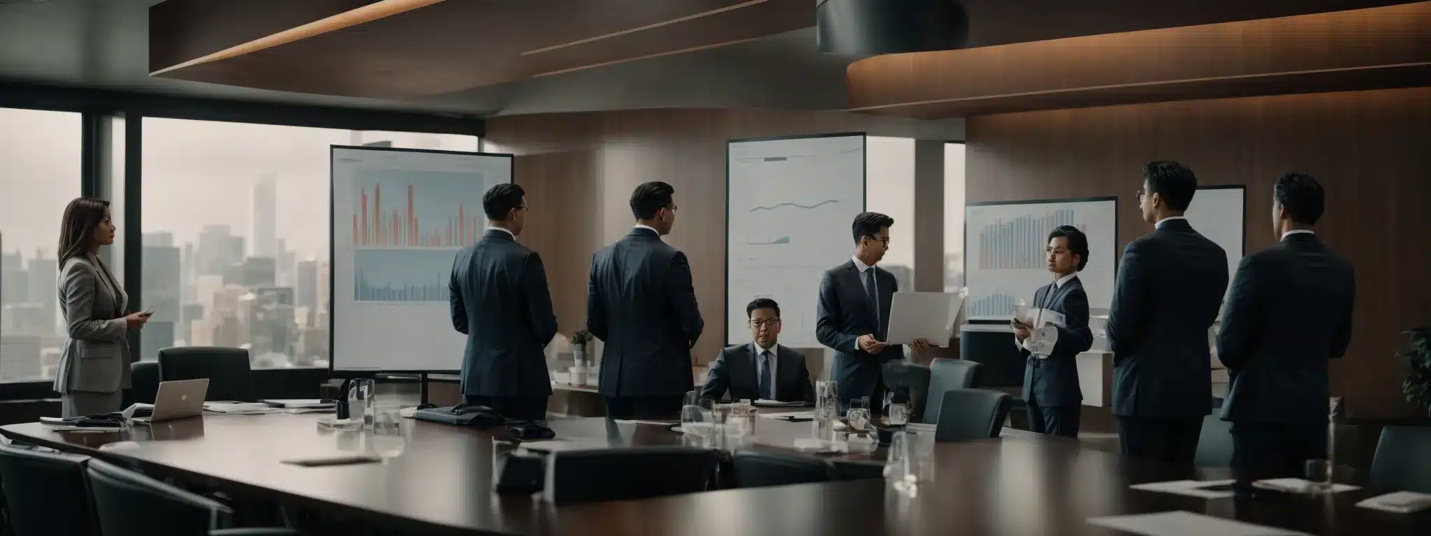 Executives Stand Around A Modern Conference Table, Examining Charts That Showcase A Successful Increase In Market Share.