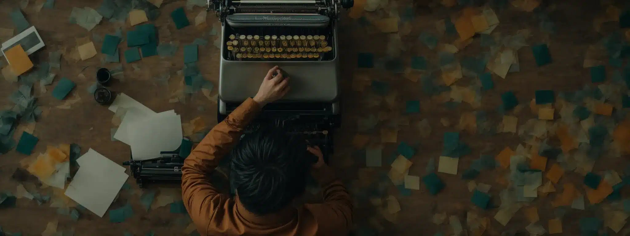 A Person Typing On An Old-Fashioned Typewriter Amidst Symbols And Shapes That Evoke Creativity And Branding.