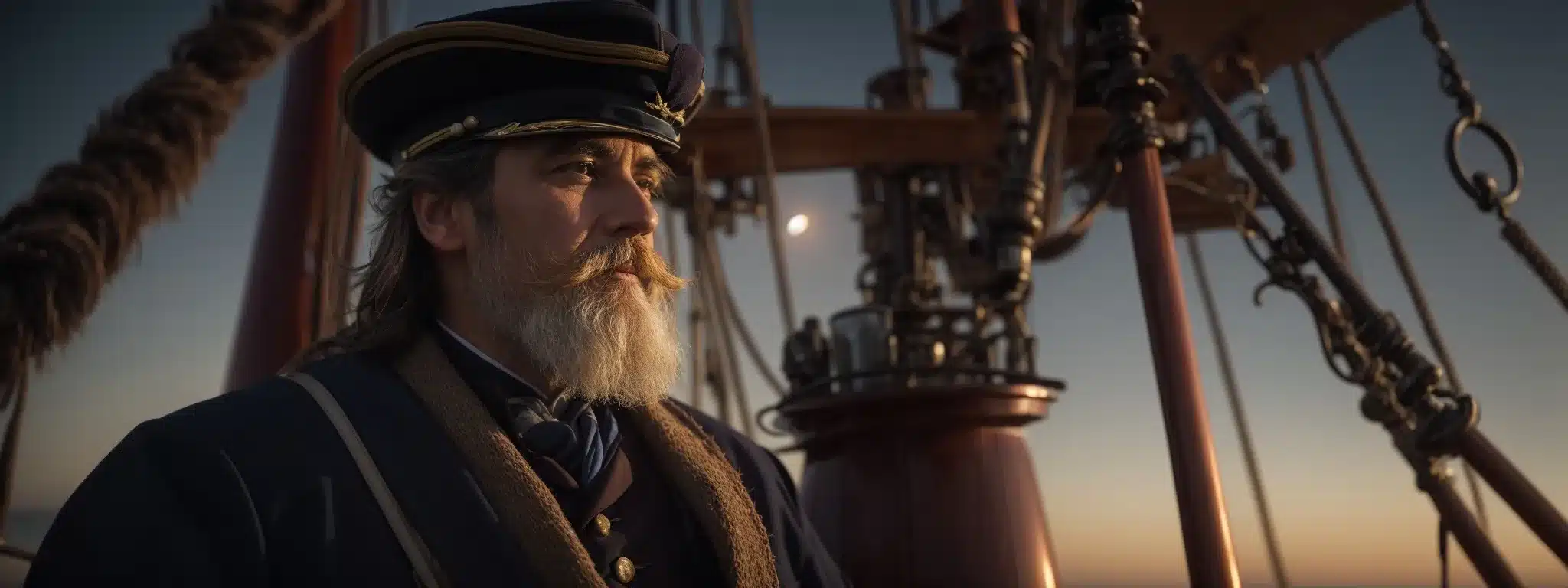 A Sea Captain Stands At The Helm Of A Ship, Charting A Course With Traditional Navigational Instruments Under A Star-Filled Sky.