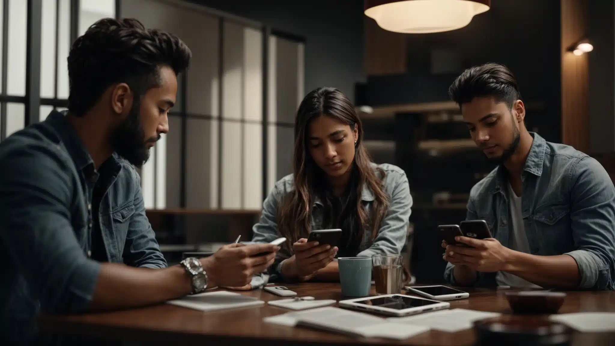 A Group Of Marketers Discuss Strategies Around A Table With Smartphones And A Tablet Displaying Social Media Applications.