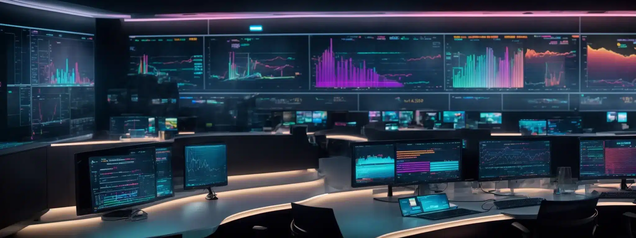 A Futuristic Marketing Command Center With Multiple Screens Displaying Colorful Data Visualizations And Interactive Marketing Dashboards.