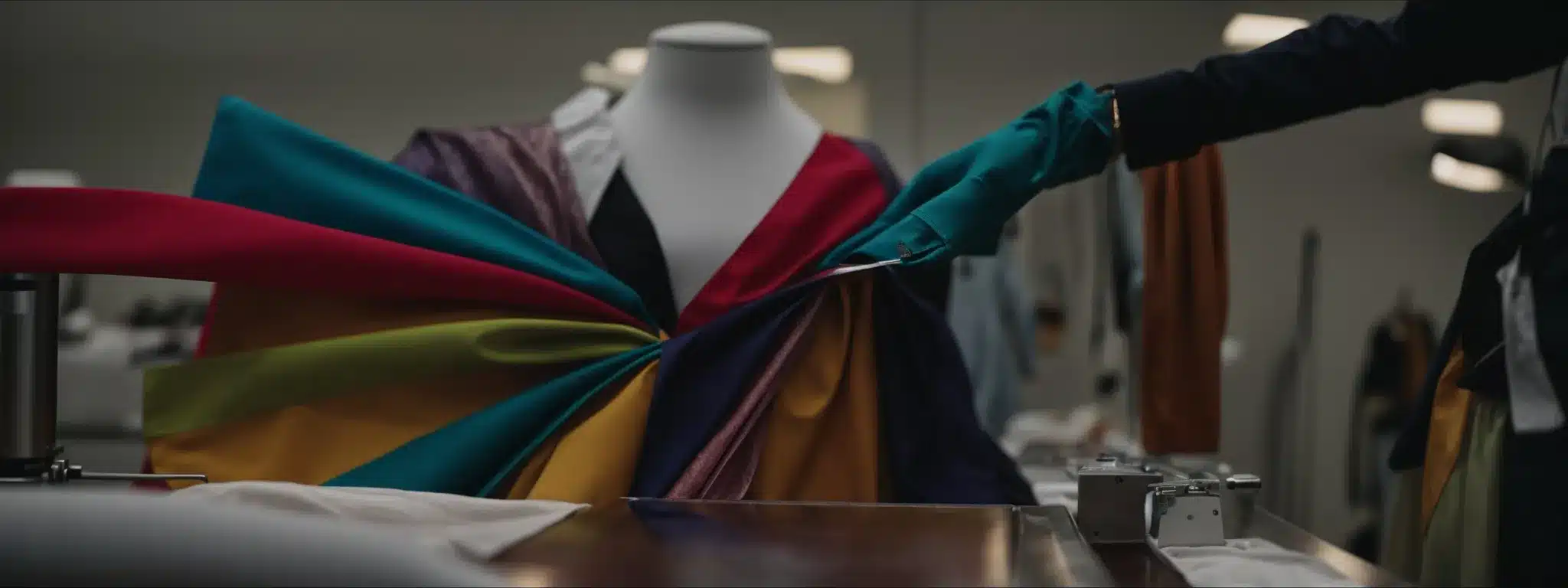 A Tailor Aligns Colorful Fabrics On A Mannequin, Illustrating The Precision Of A Custom Fit.