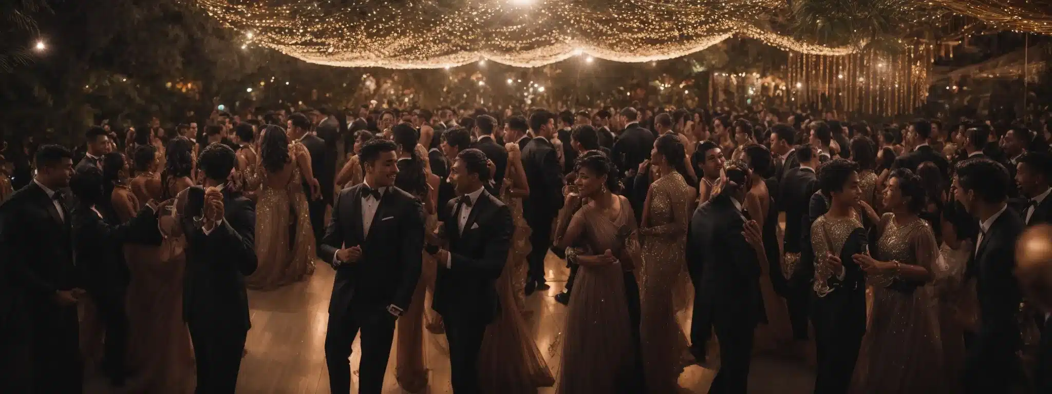 A Dance Floor Filled With People In Elegant Attire, Moving To Diverse Rhythms Under A Canopy Of Shimmering Lights.