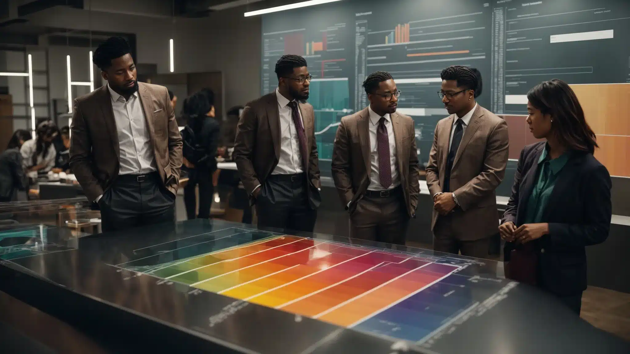 A Diverse Group Of People Standing Around A Large Table, Examining And Discussing Colorful Graphs And Diagrams Representing Different Market Sectors.